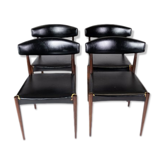 Ensemble de quatre chaises en bois de rose et cuir noir de conception danoise des années 1960