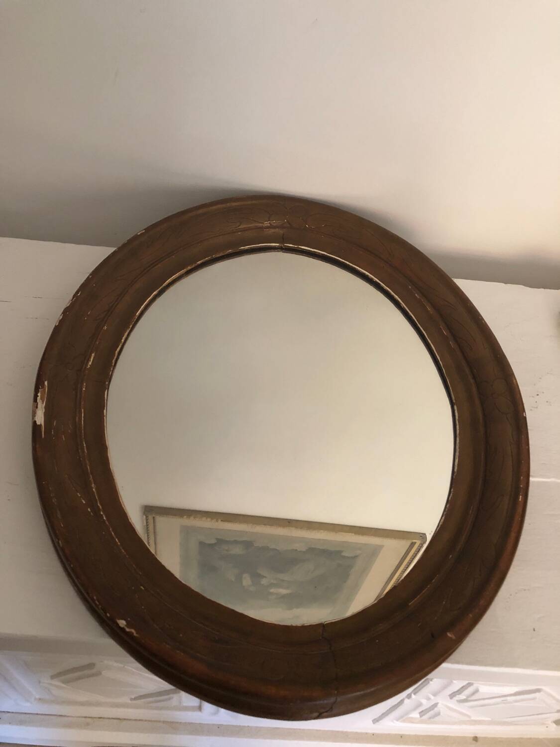 Old art deco oval wooden mirror
