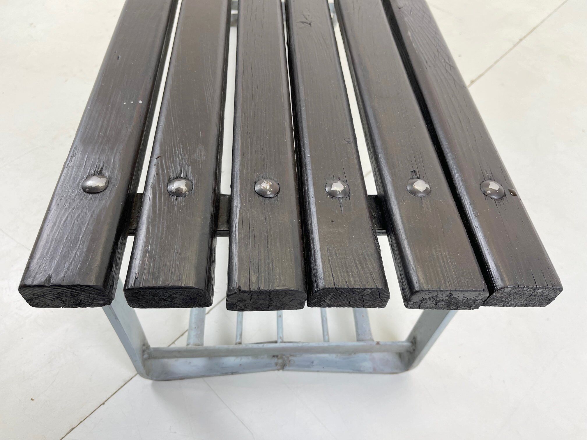 Vintage industrial metal & wood slatted bench, 1950's