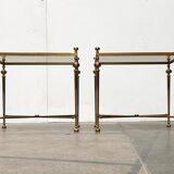 Mid-century Hollywood neoclassical brass and glass side or bedside tables attributed to Vereinigte Werkstätten, Germany, 1960s, set of 2.