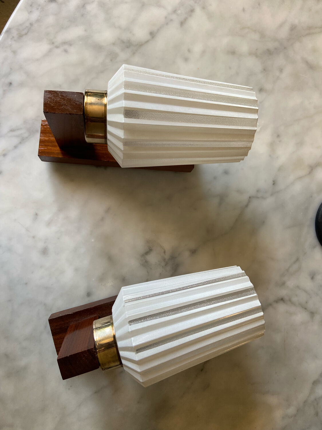 Pair of Scandinavian sconces in brass and opaline teak
