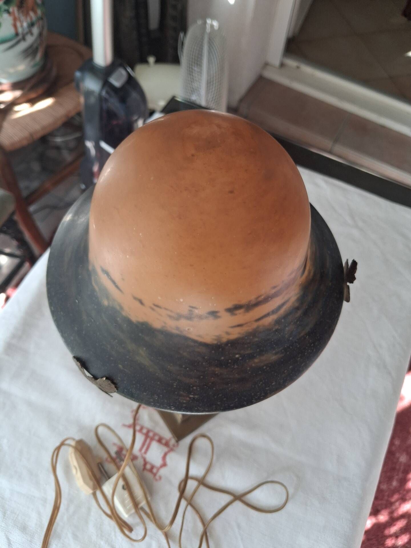 Mushroom lamp in glass paste and bronze Art Nouveau