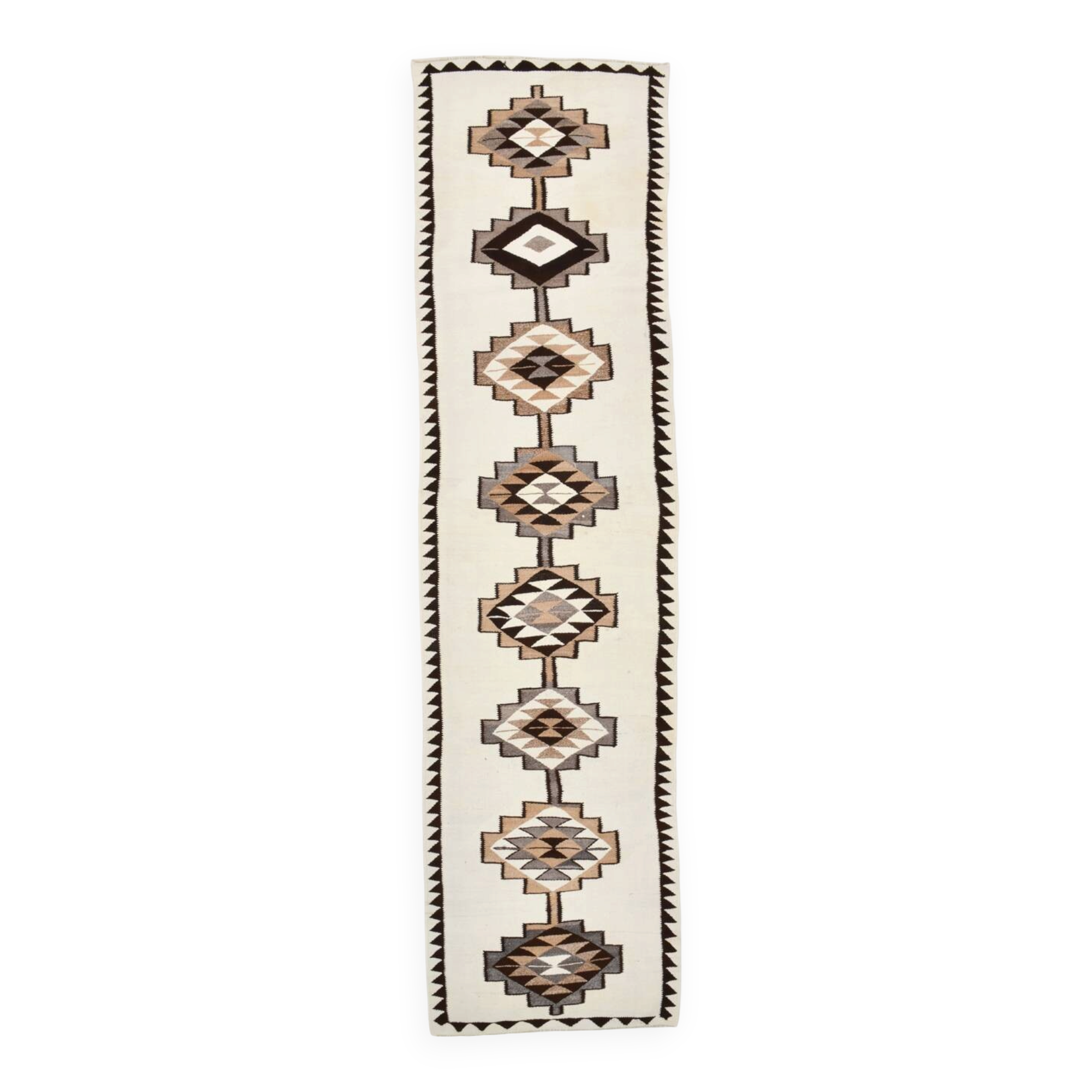 Off White & Brown Tribal Kilim Runner Rug, 101x388Cm
