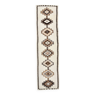 Off White & Brown Tribal Kilim Runner Rug, 101x388Cm