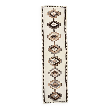 Off White & Brown Tribal Kilim Runner Rug, 101x388Cm