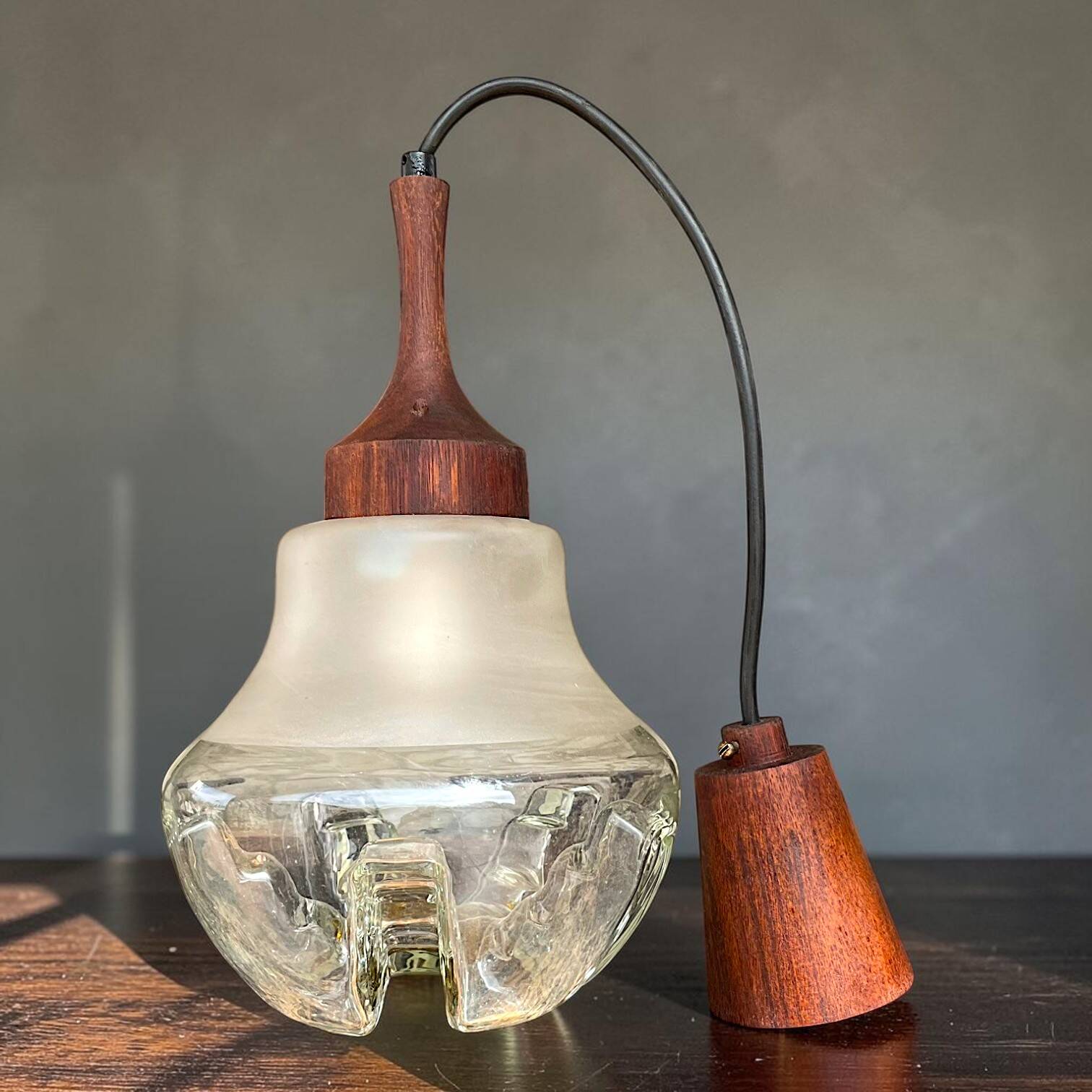 Teak wood and Mazzega style glass pendant lamp