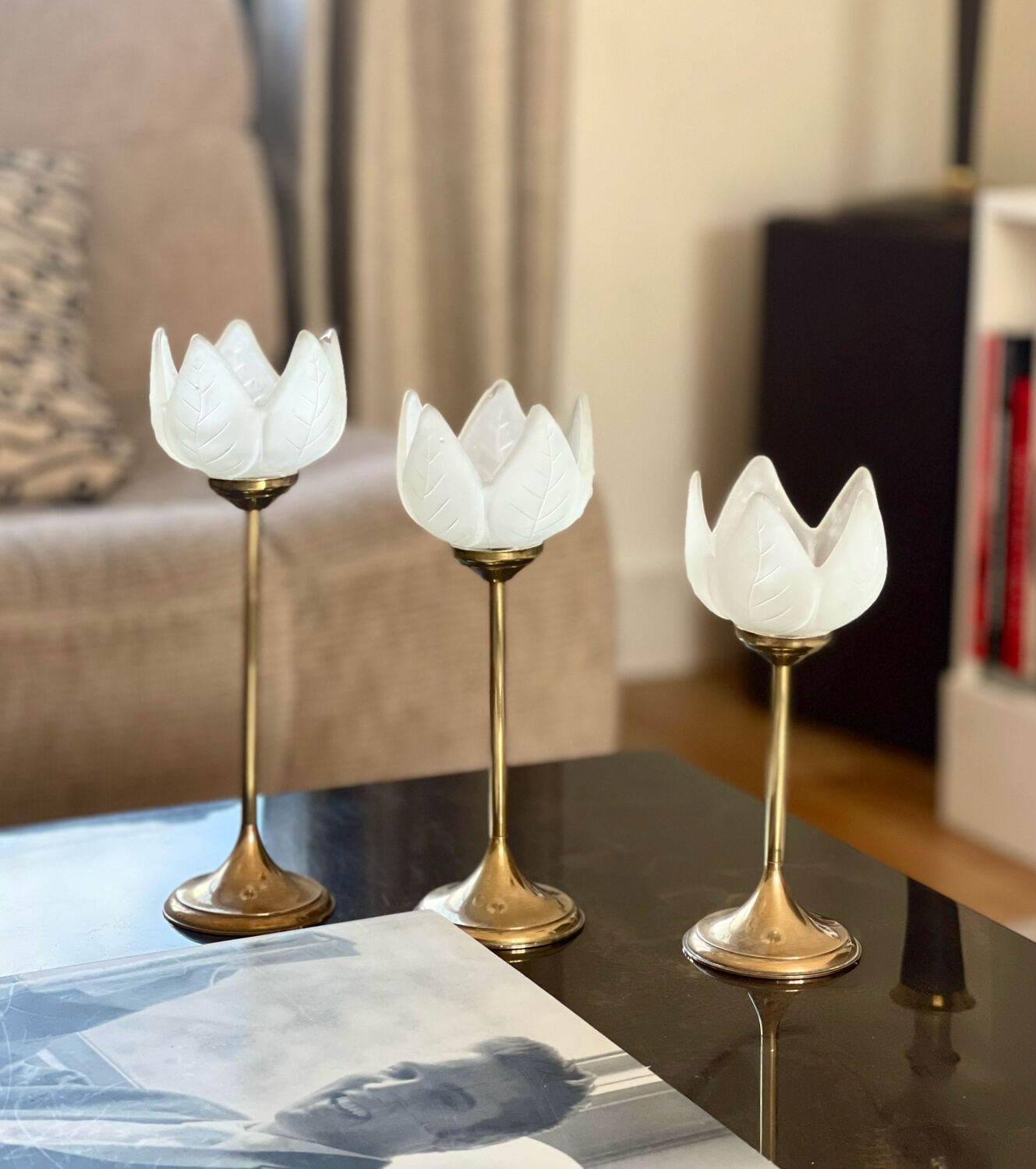 3 glass and brass candle holders