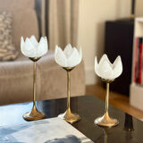 3 glass and brass candle holders