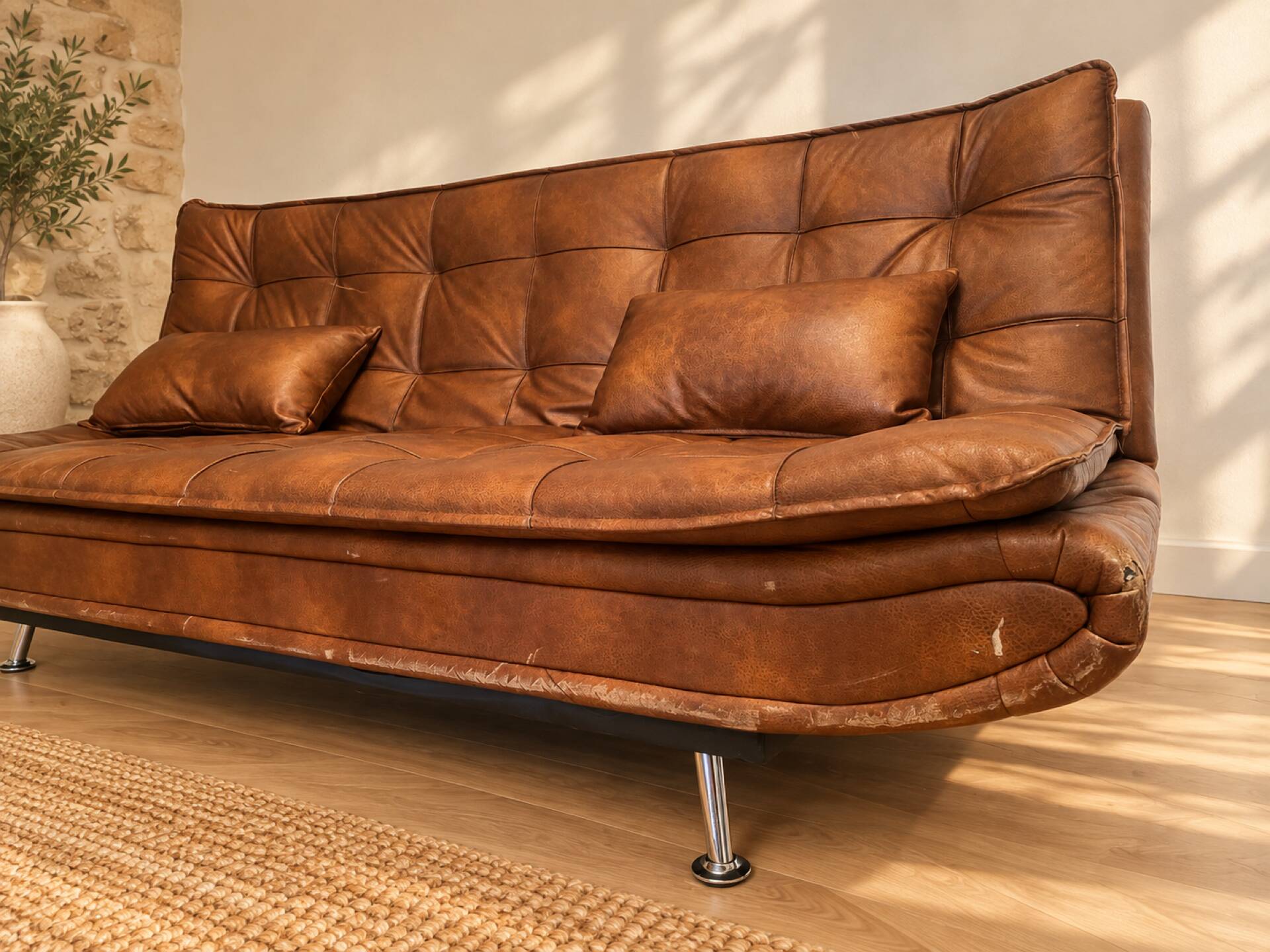 Brown cognac tufted convertible sofa – vintage spirit