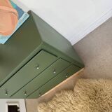 Vintage olive green chest of drawers with striped base