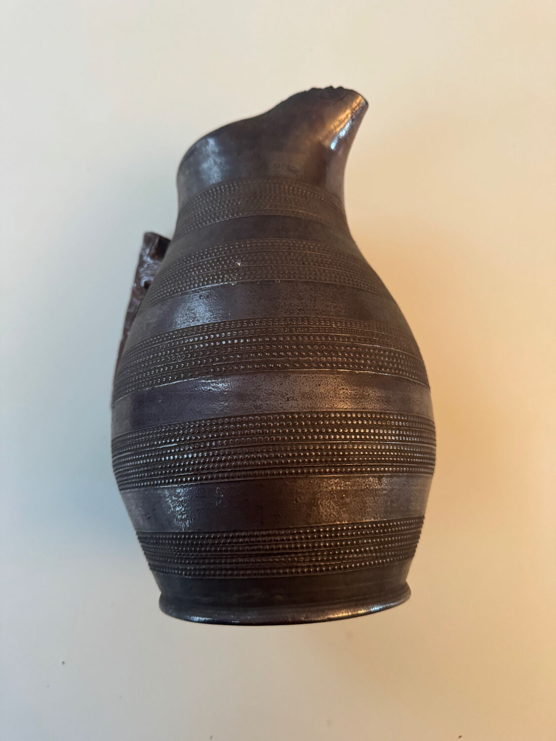 Large antique ceramic pitcher with glazed finish (sculpted stoneware) 1950