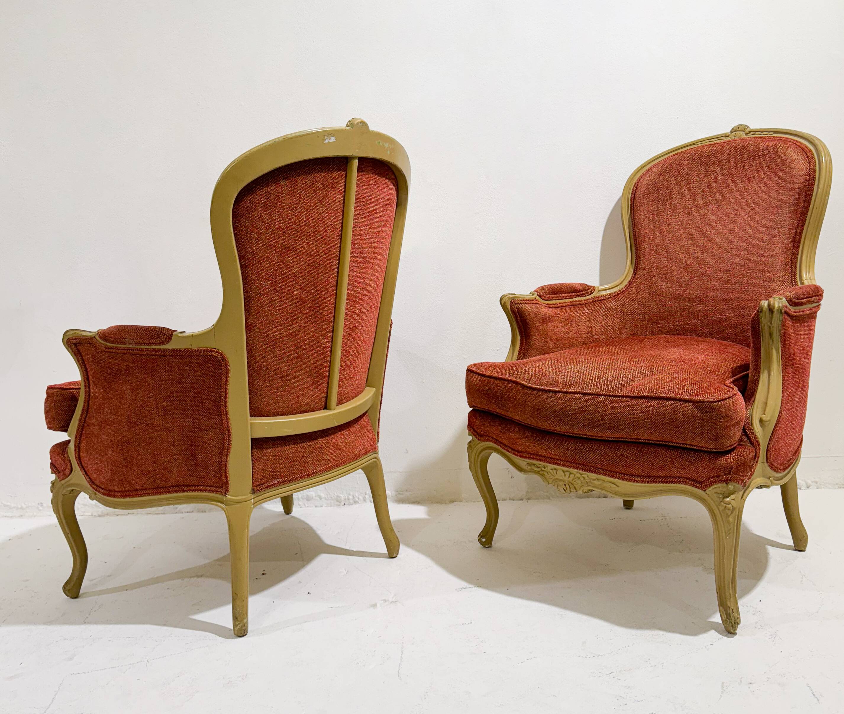 Pair of Armchairs Louis XV Style, Red Upholstery