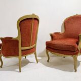 Pair of Armchairs Louis XV Style, Red Upholstery