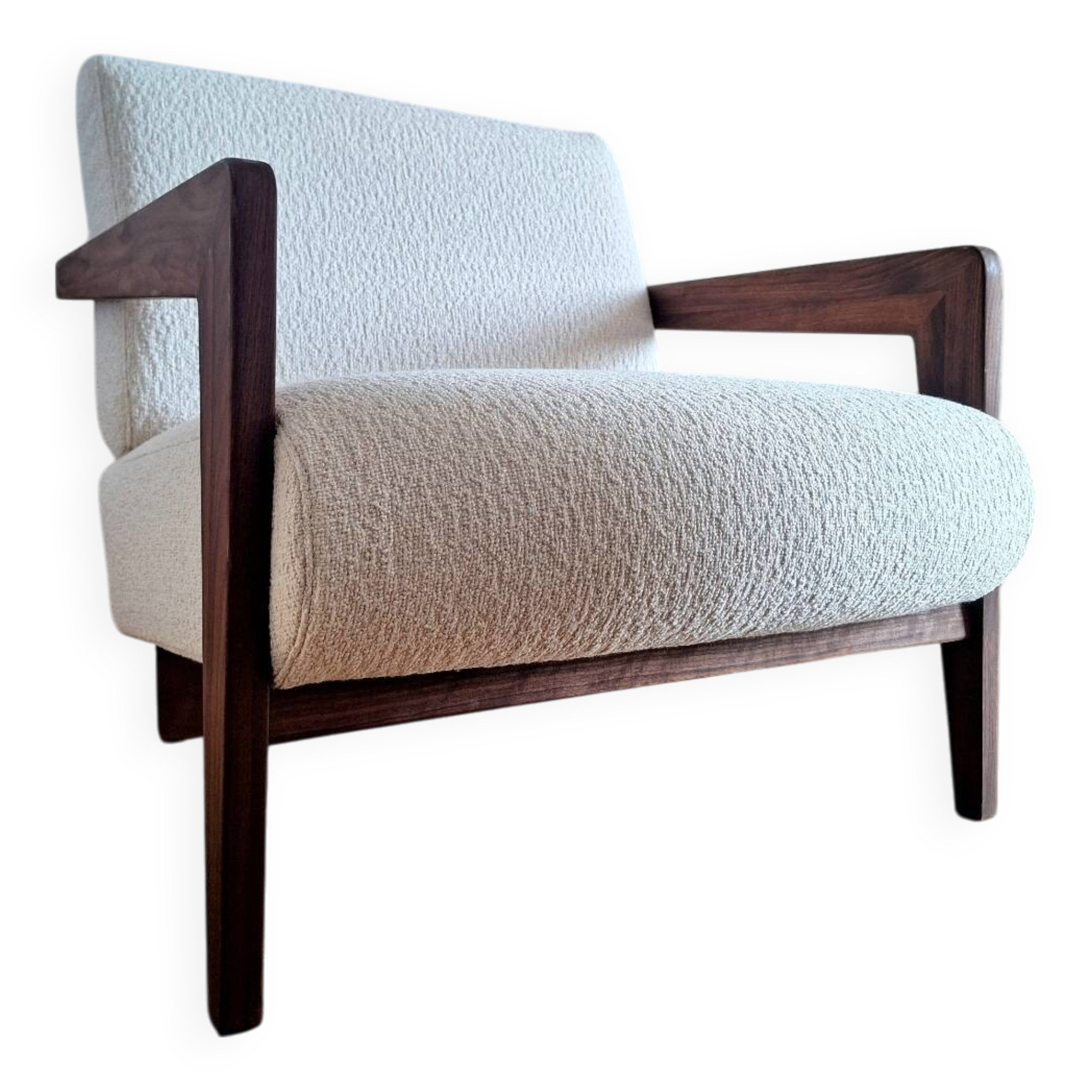 Izag ampm armchair, solid walnut and ecru-colored bouclette, designer seat