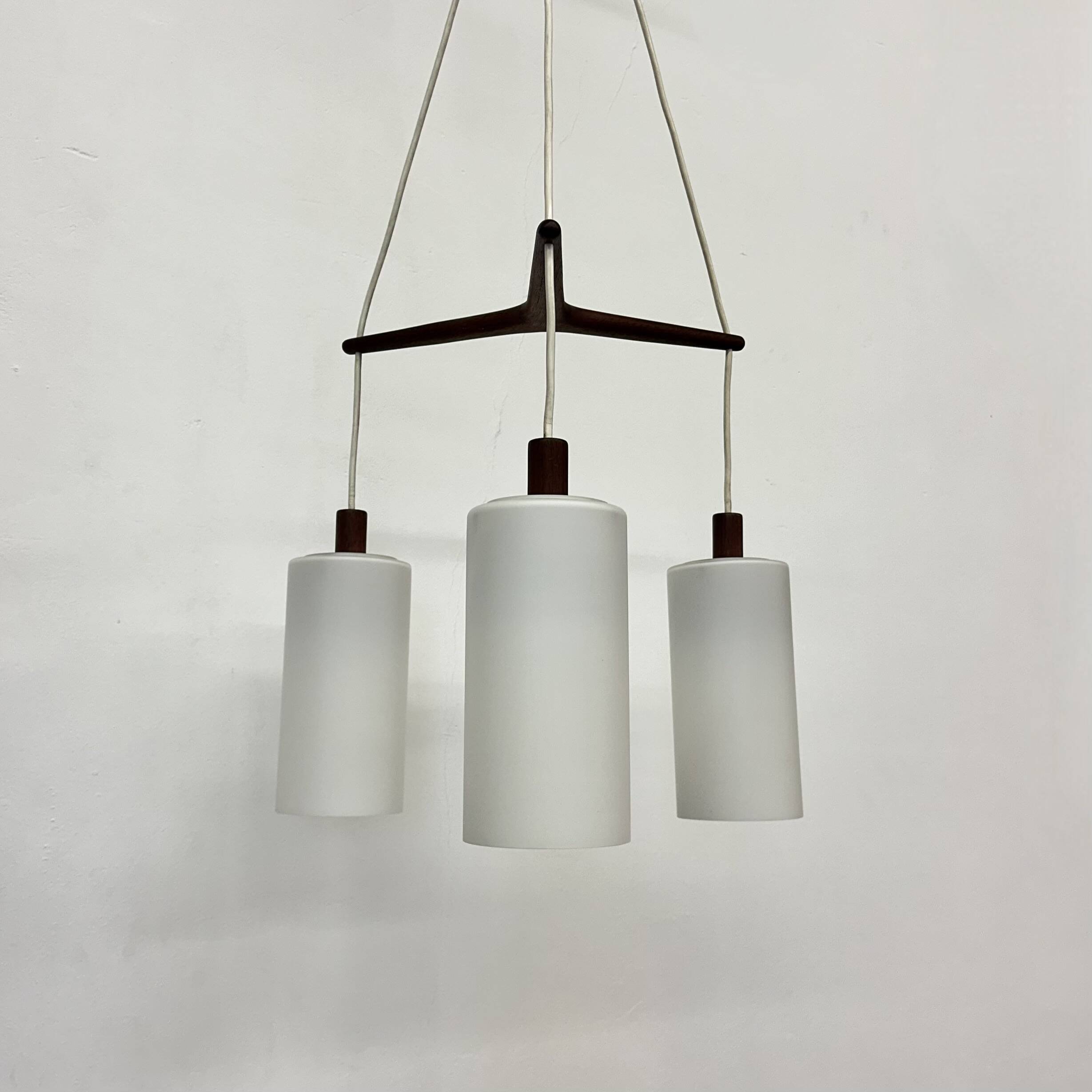 Mid-century design pendant lamp teak and opaline glass , 1970s