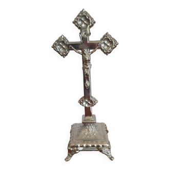 Old crucifix Christ on cross on vintage Art Deco silver metal base