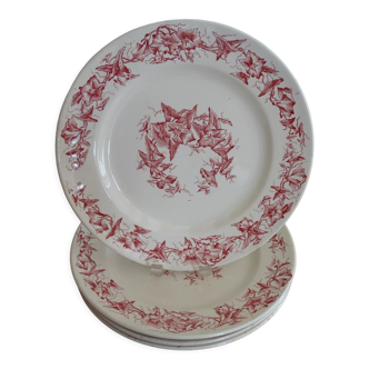 4 assiettes anciennes faience Lonchamps a fleurs - Liserons - Terre de fer