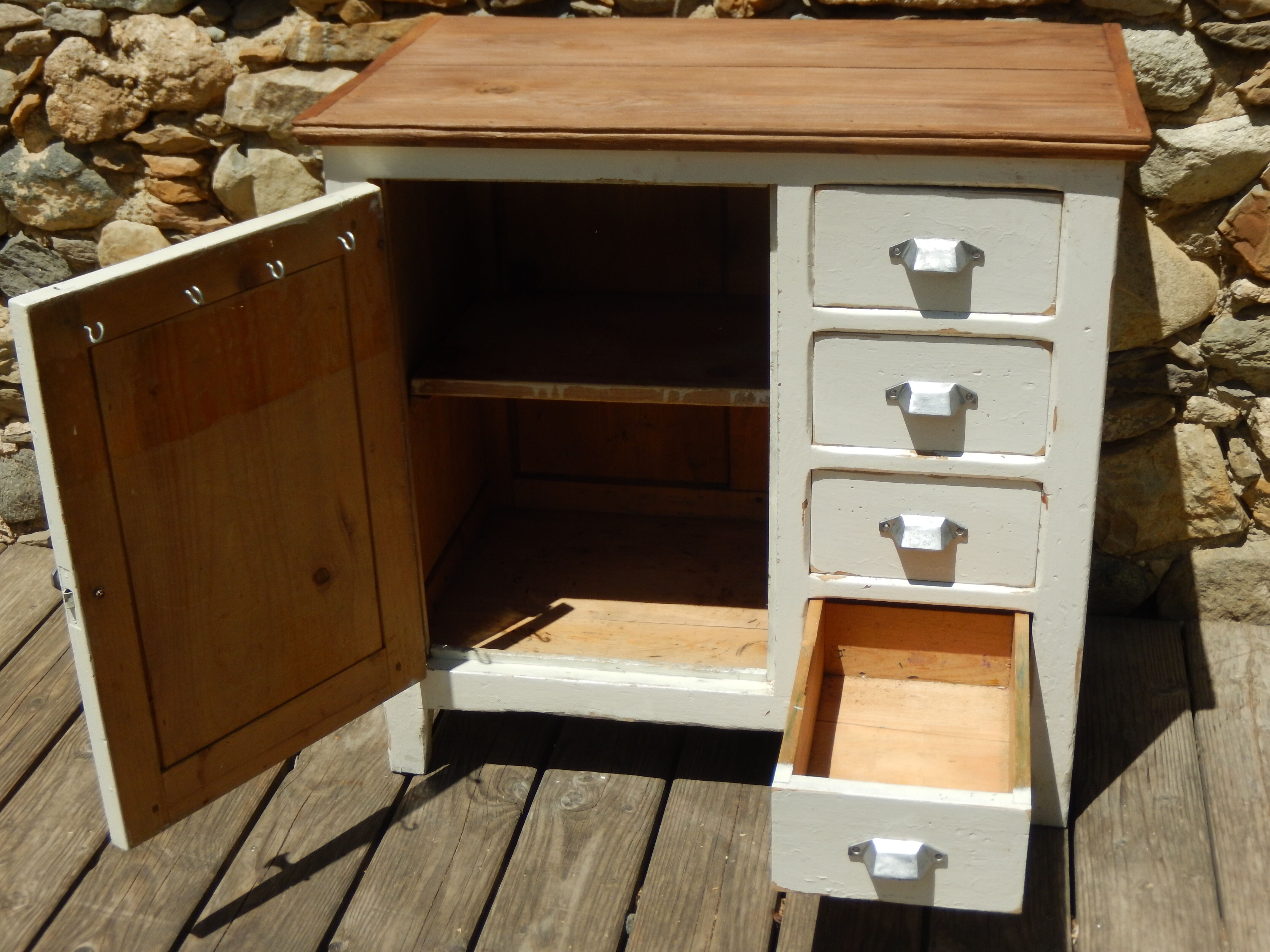 Antique sideboard / charming solid pine workshop furniture with a patina.
