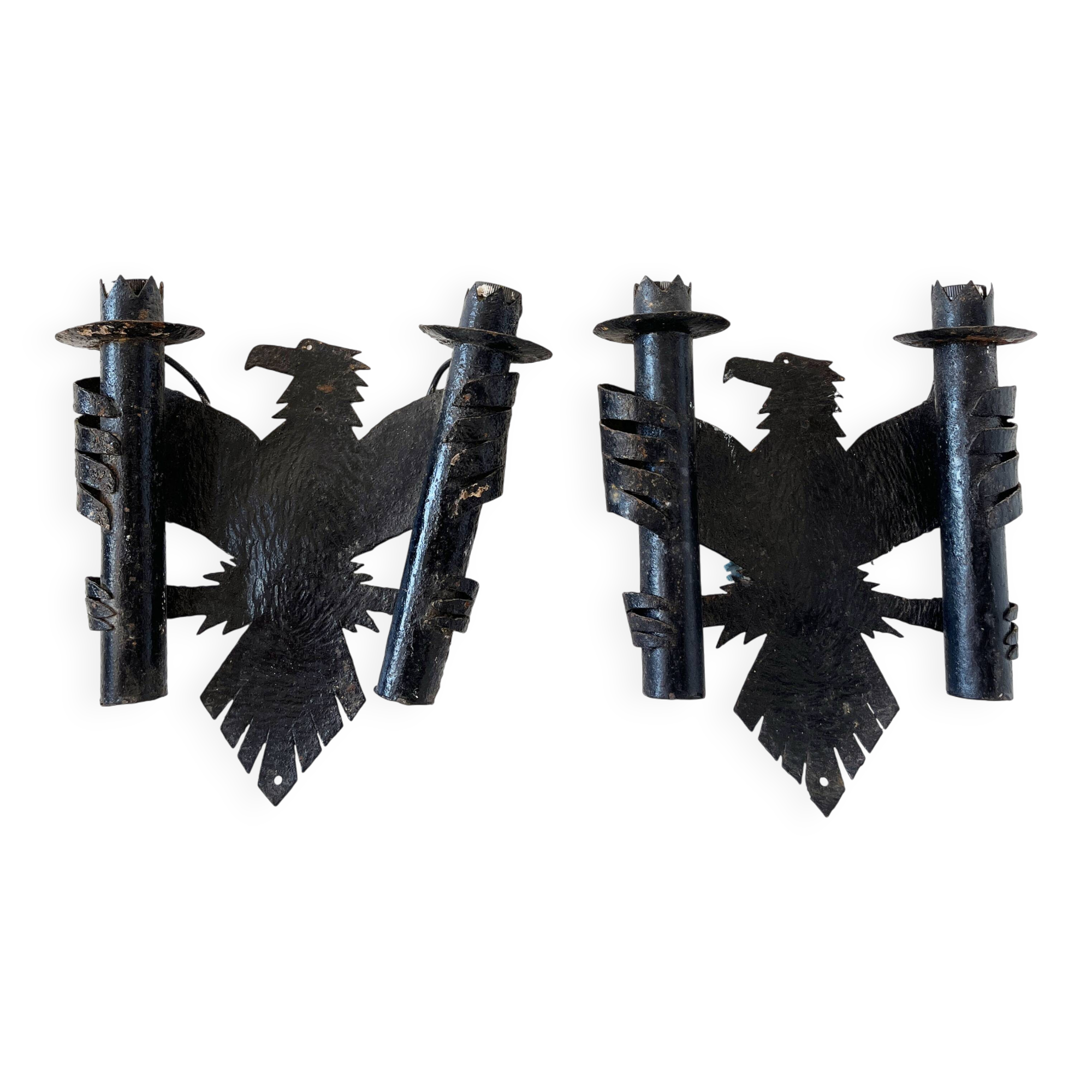 Pair of Brutalist Wrought Iron Eagle Wall Sconces