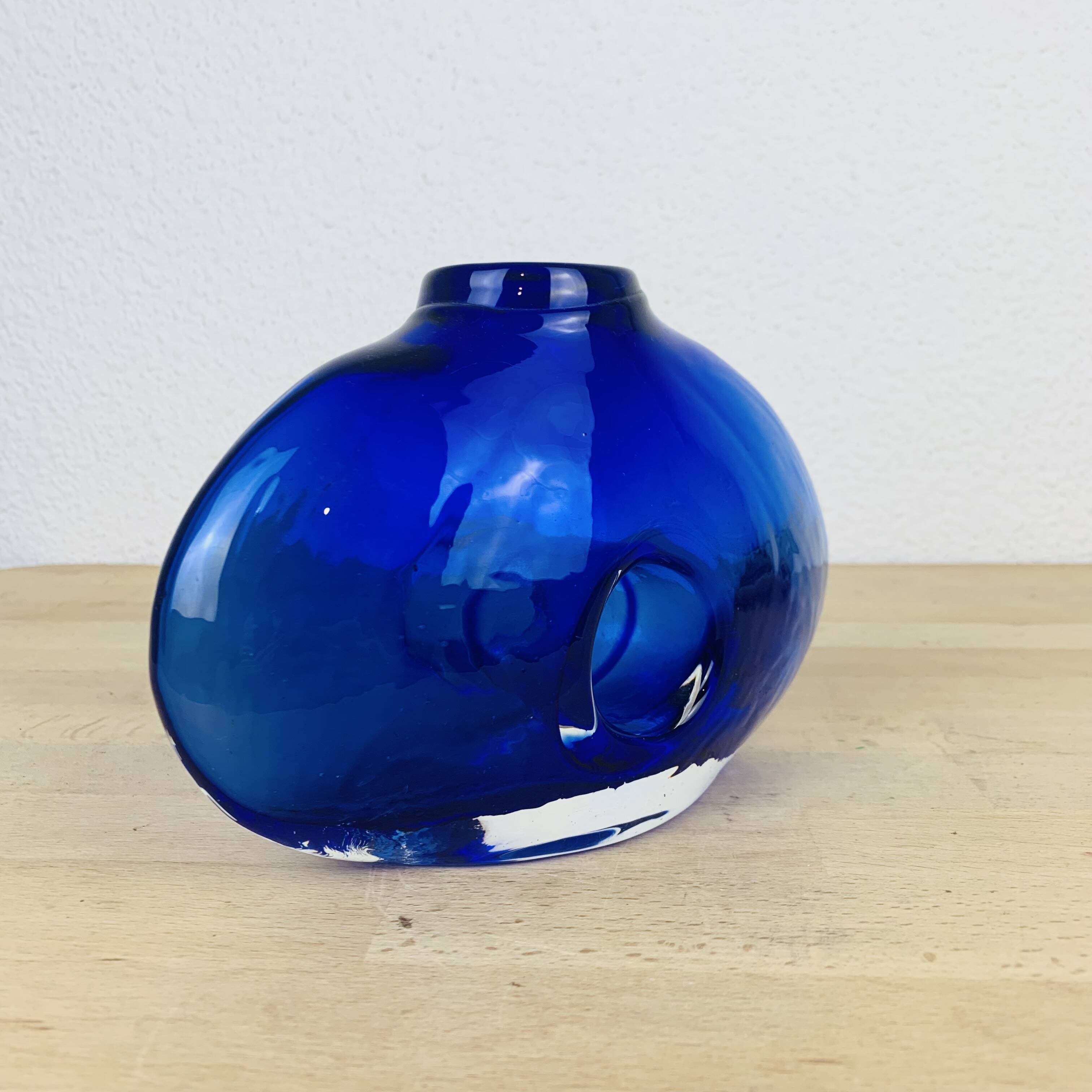 Blue blown glass lens vase