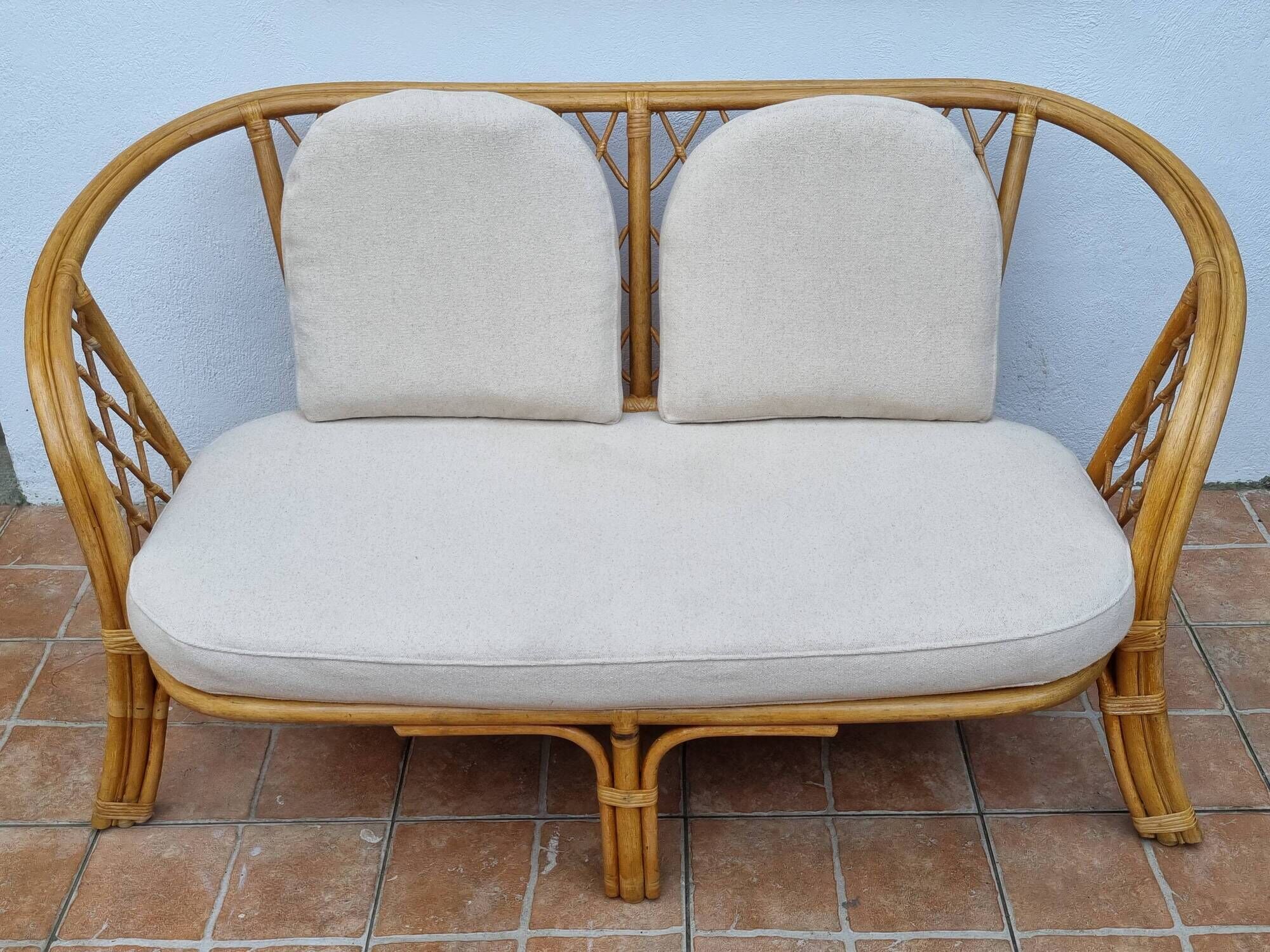 Vintage two-seater natural rattan sofa with cotton cushions, 140 cm