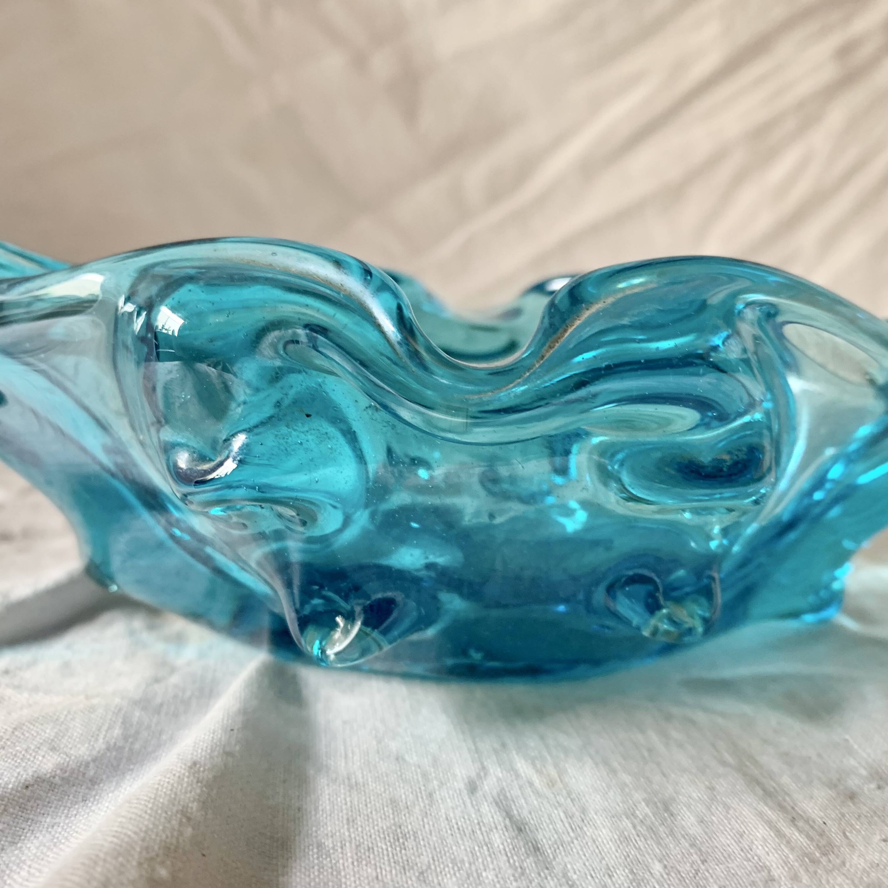 Vintage blue blown glass ashtray