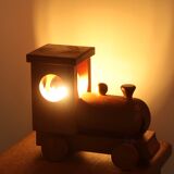 Lampe veilleuse train en bois de pin années 70