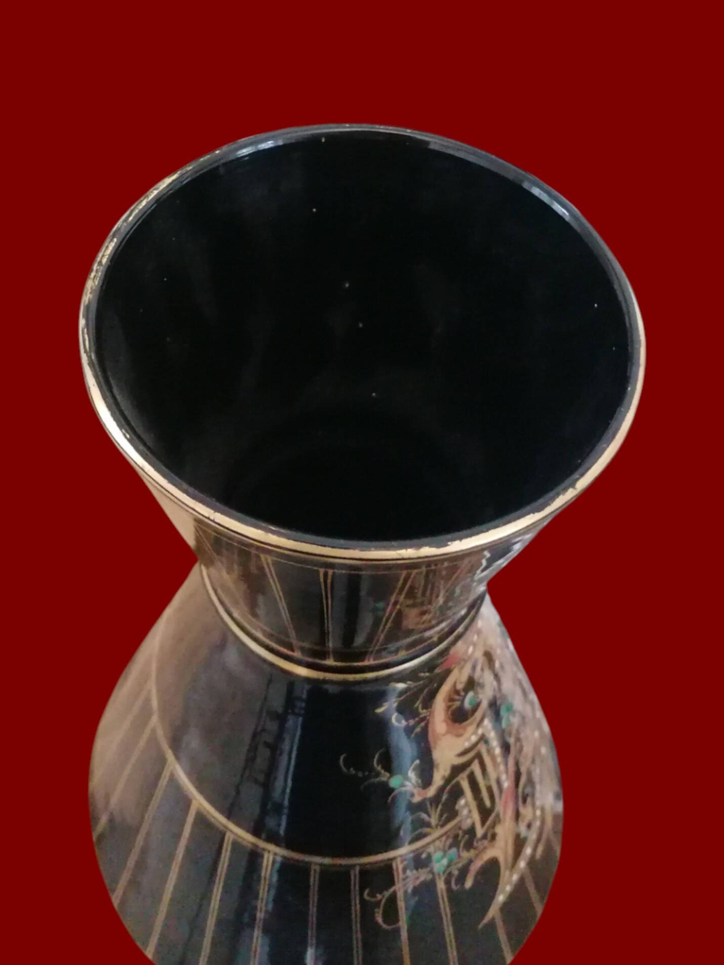 Antique black enameled glass vase