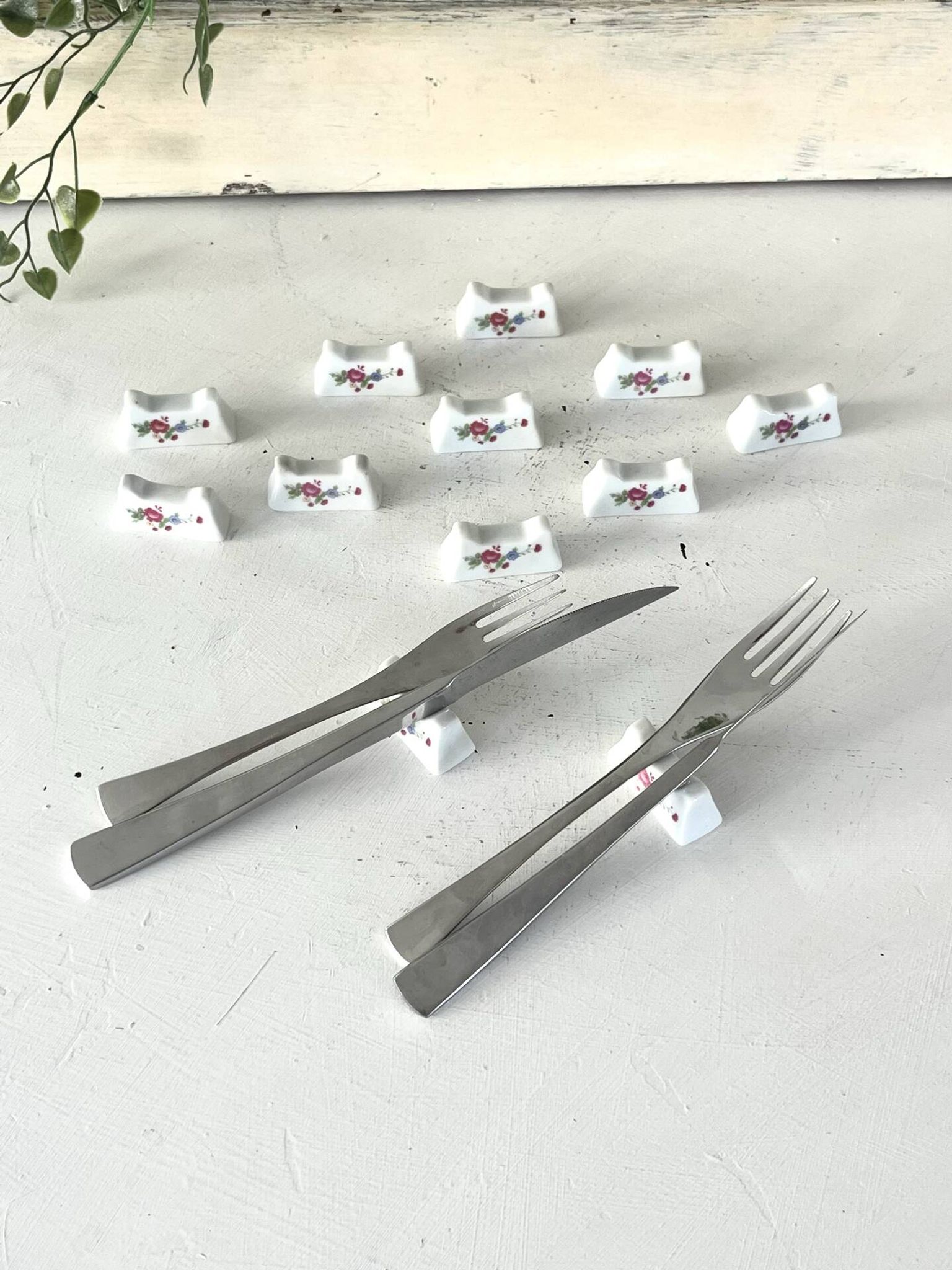 French Porcelain Knife Rests Set of 12 Floral Table Knife Holders