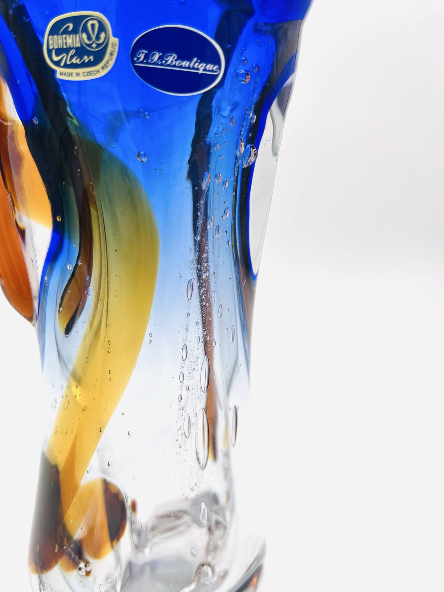 Large stretched glass sculpture vase from Bohemia – Cobalt blue, Amber