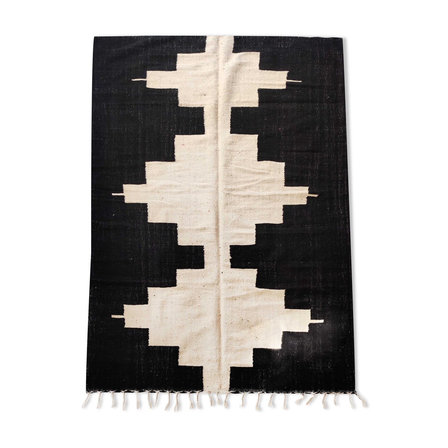 Tapis kilim berbère marocain écru à motifs graphiques noirs 300x194cm