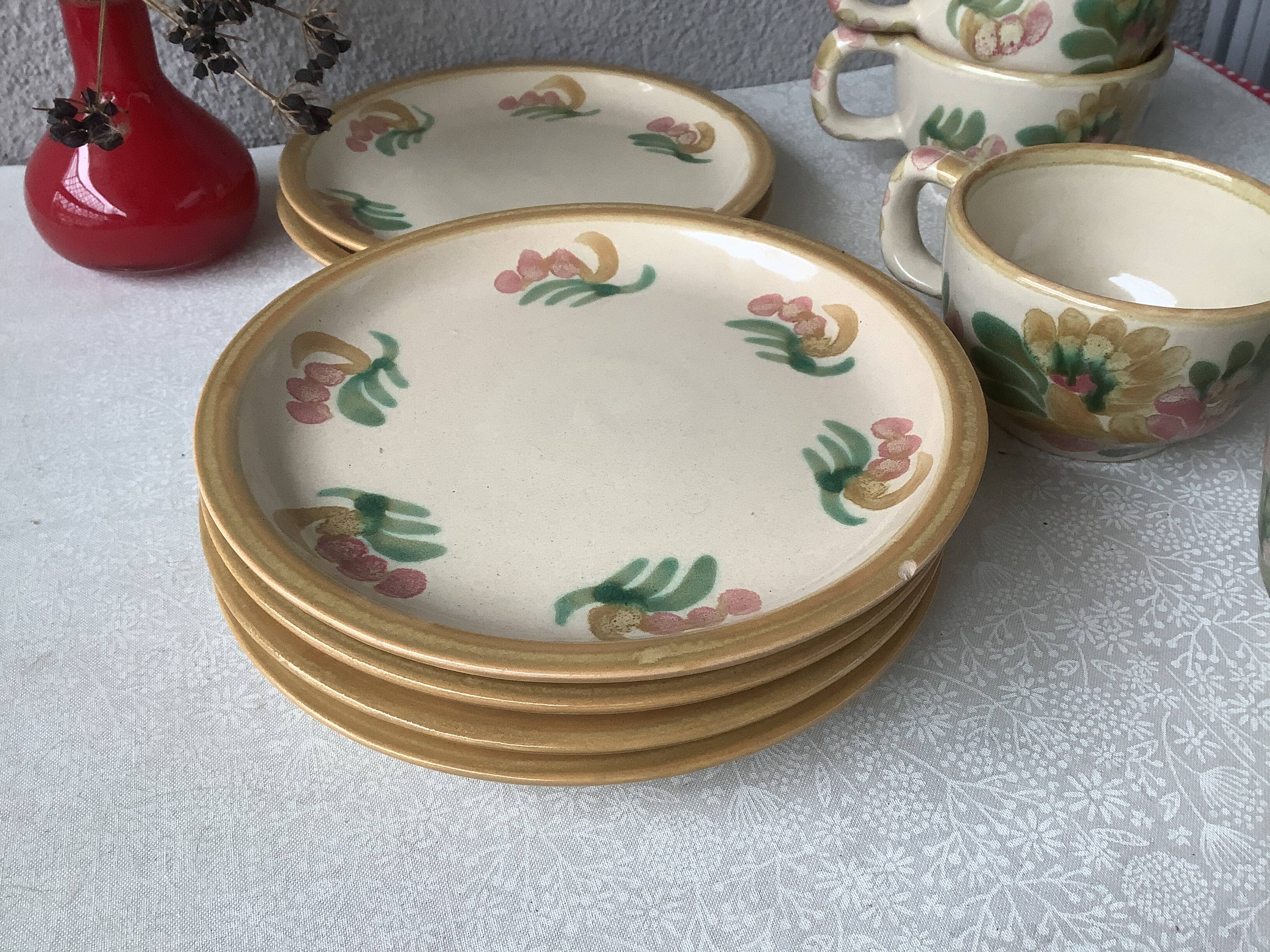 HB Henriot Quimper stoneware cups, hand-painted floral decoration