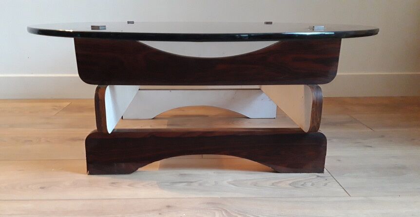 Coffee table of smoked glass and wood of the 1970s