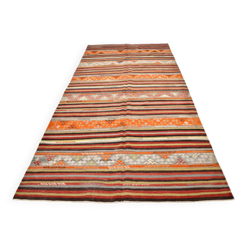 6x11 Peach Color Striped Kilim Rug, Antique Wool Kilim Rug, 165x326