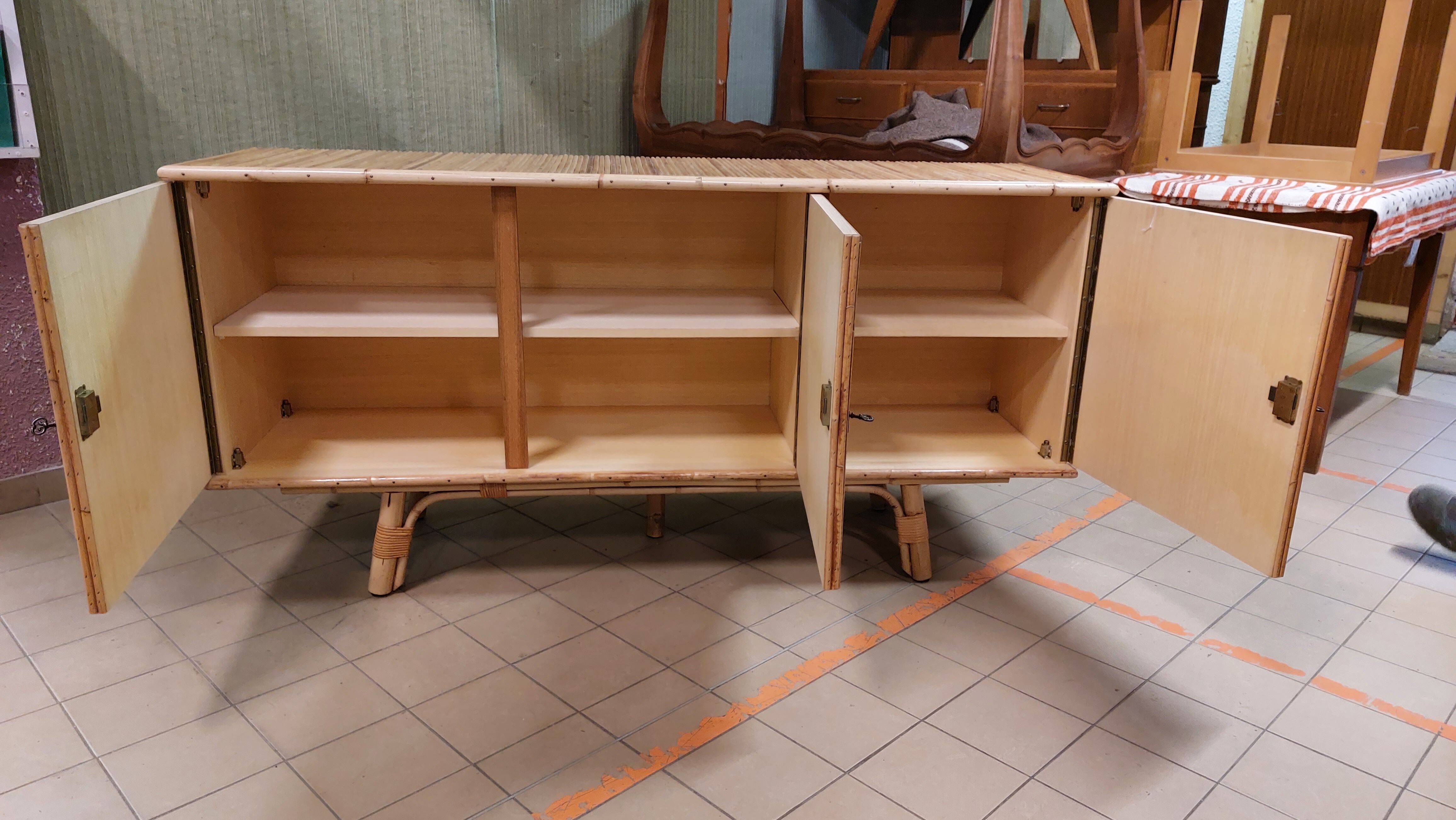 Vintage 3-door bamboo and rattan sideboard 50