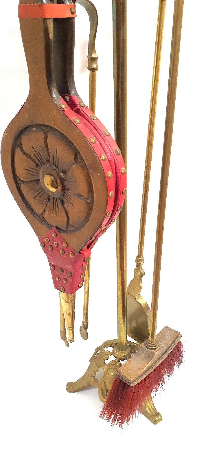 Old bronze chimney servant shovel broom bellows and clamp