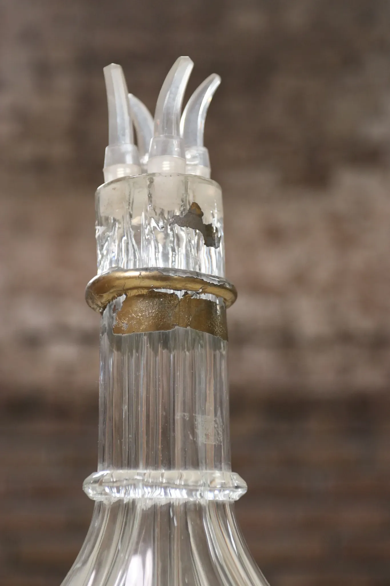 French glass decanter with 4 compartments and pouring spouts, 1950s–70s