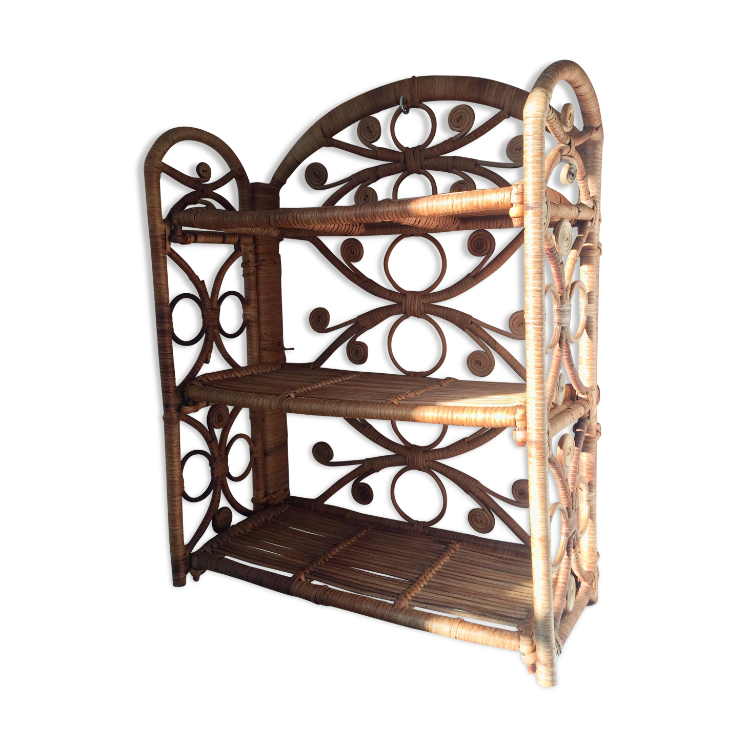 Vintage peacock rattan shelf