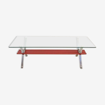 Table basse chrome plateau verre rouge