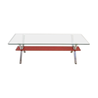Table basse chrome plateau verre rouge