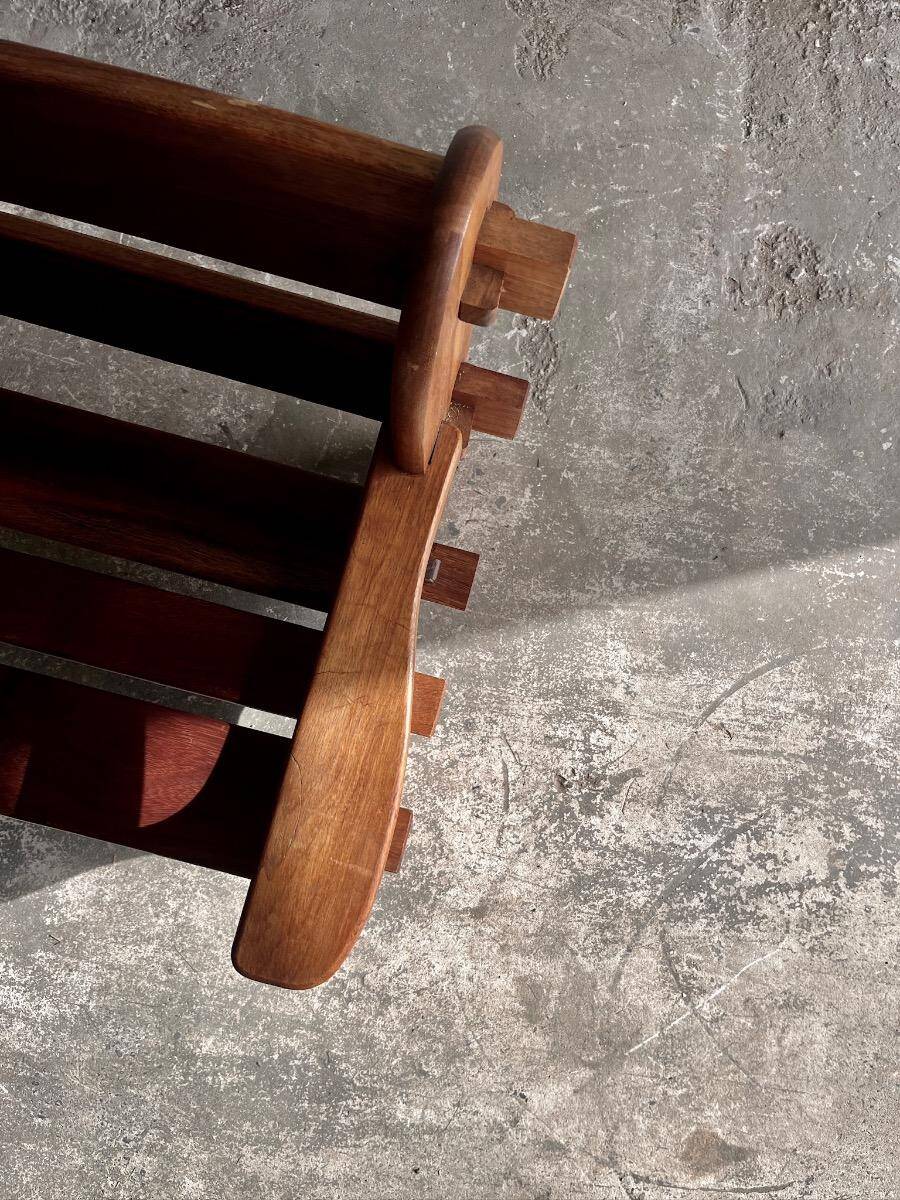 Dark brown solid wood Brutalist 3-seater bench — sculptural mid-century seating (1960s/70s)