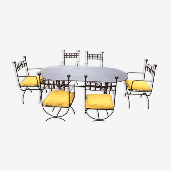 Table & 6 wrought iron chairs, 6 cushions