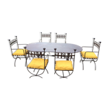 Ensemble table & 6 chaises en fer forgé, 6 coussins