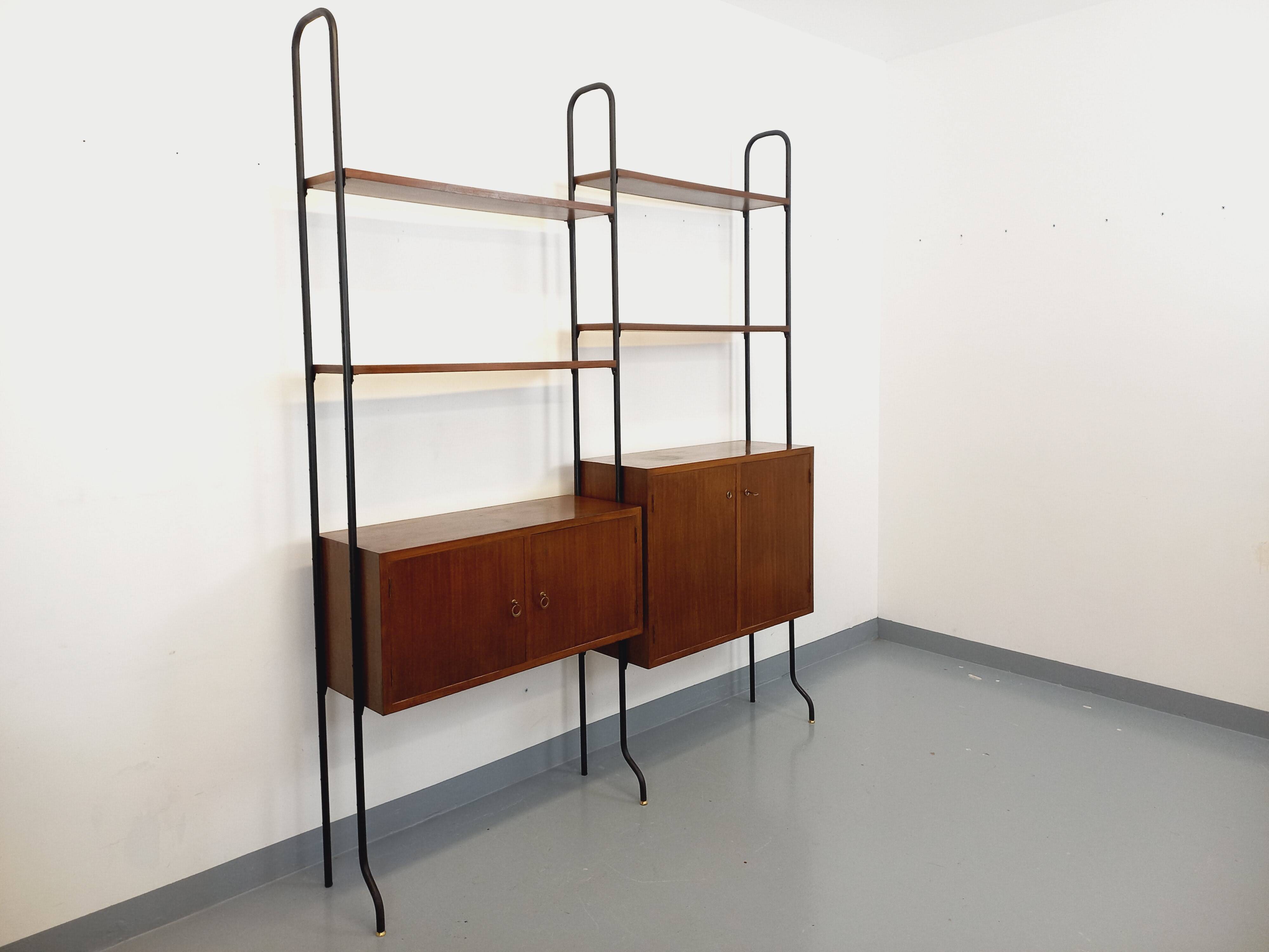 Vintage Italian double modular shelving unit in wood and metal