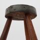 Brutalist French solid oak tripod stool with metal rim, 1850s