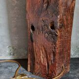 Brutalist lamp Art-populaire in solid wood, wool lampshade