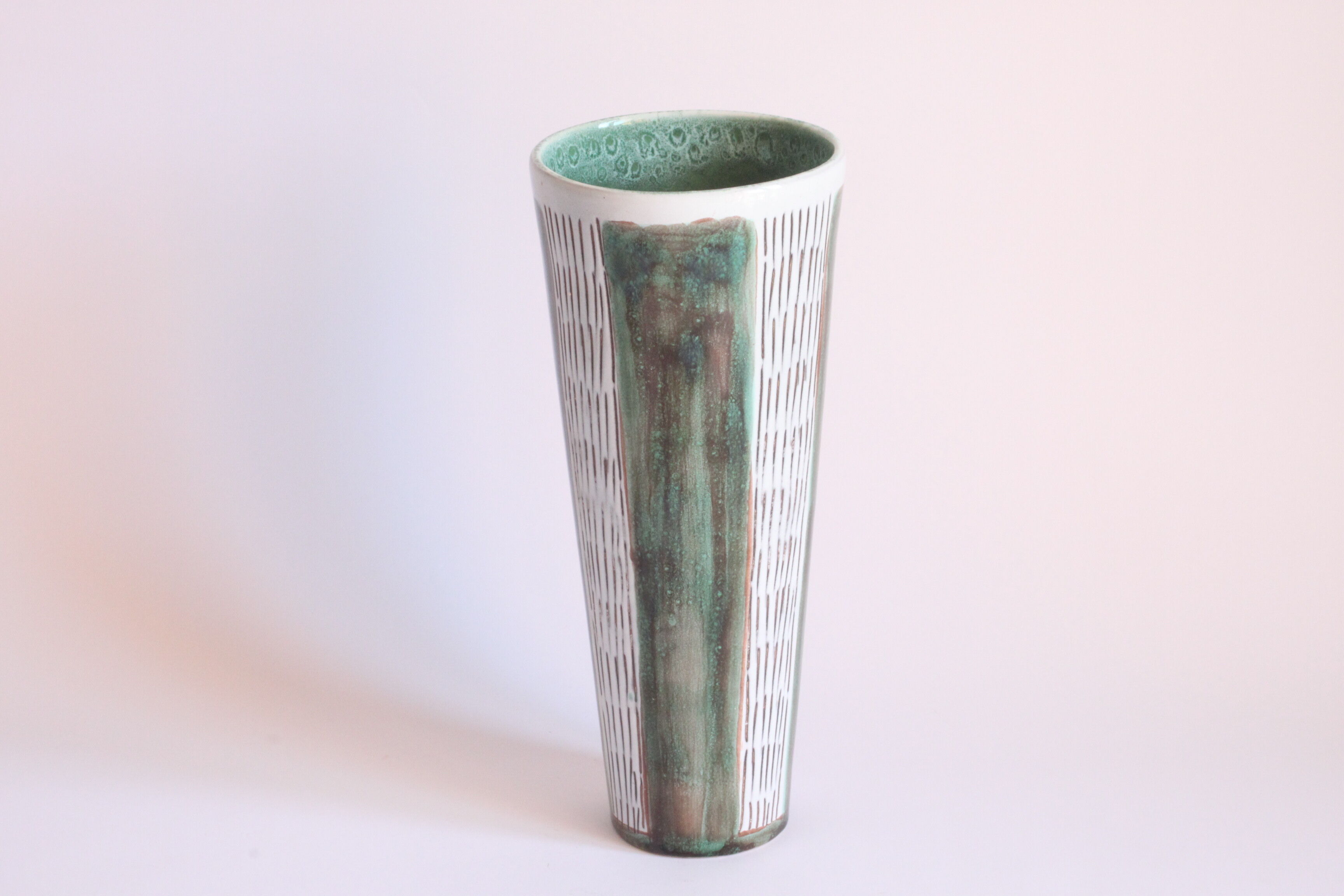 Striped green vase by Faiencerie Thulin, Belgium 1950s.
