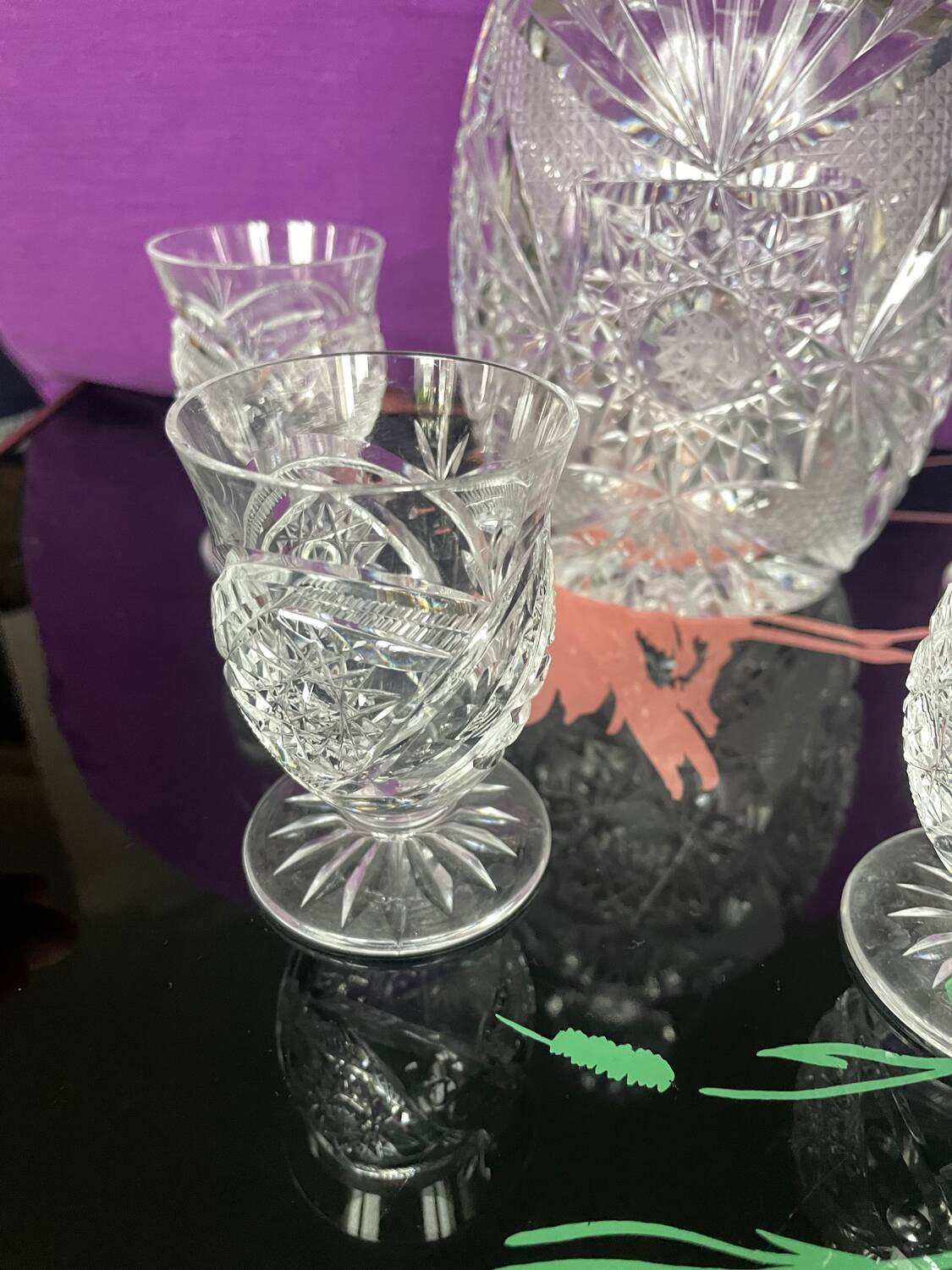Bohemian crystal decanter and 4 glasses