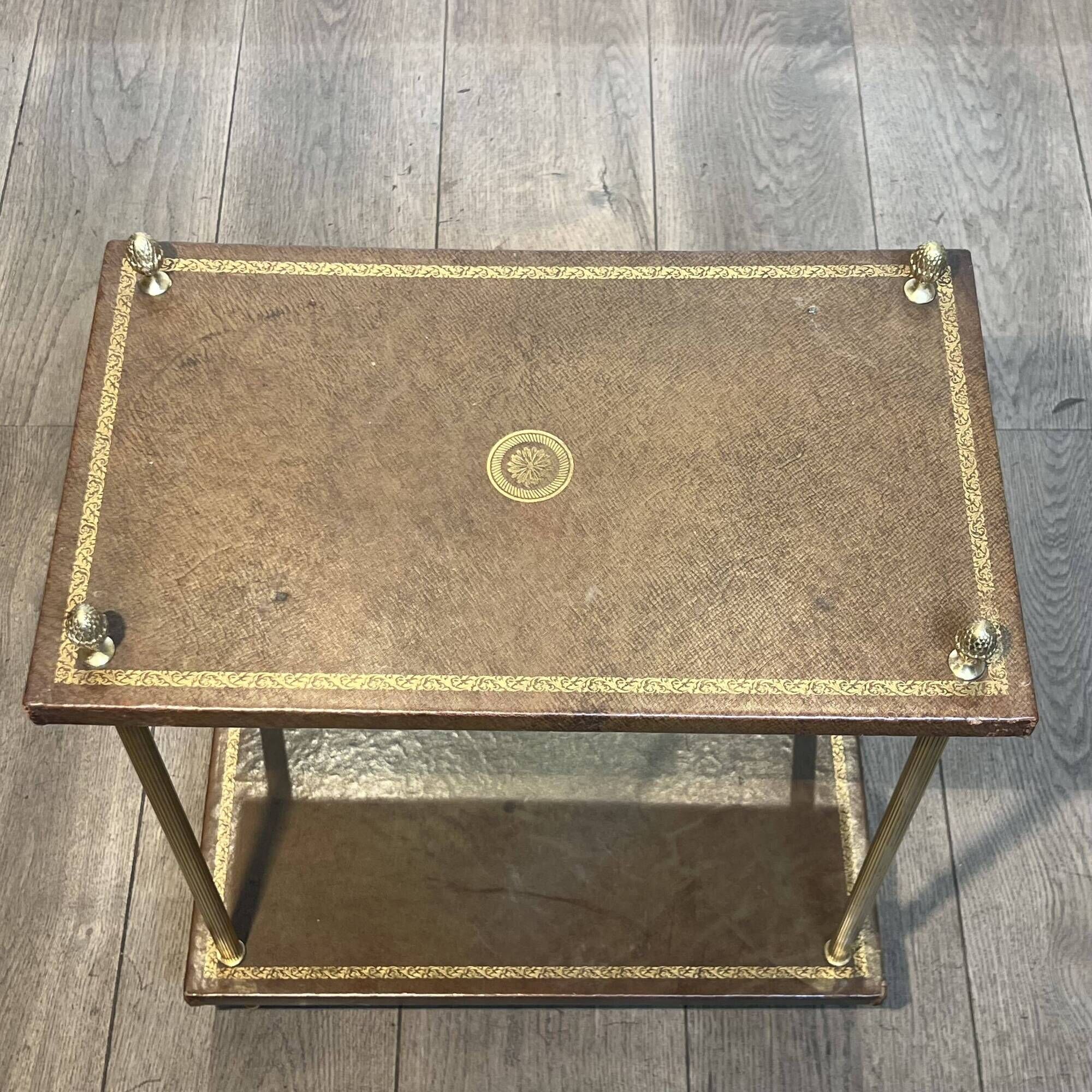 Double Tray Leather Sofa Table in Golden Tawny with Small Iron Details. Brass