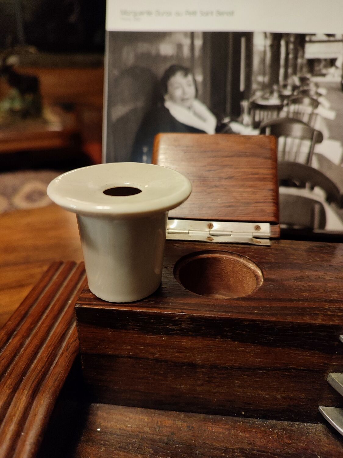 Wood inkwell and zinc complete with porcelain inkwells